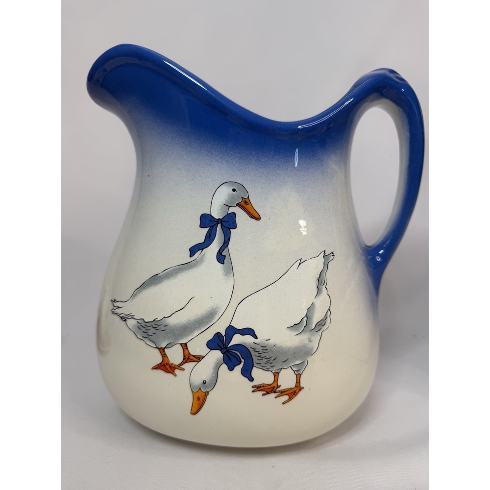 Vintage Blue Bow Geese Ducks Blue & White Ceramic Pitcher Cottage Core 10"